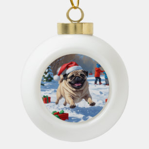 Boule En Céramique Bouledogue courant dans la neige avec un chapeau d