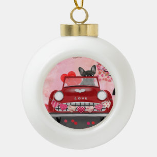 Boule En Céramique Bouledogue Français en Voiture avec des Cœurs pour