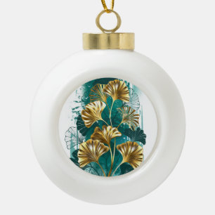 Boule En Céramique Branche avec Feuilles d'or Ginko Biloba