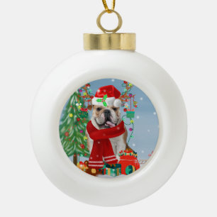 Boule En Céramique Bulldog anglais en neige avec cadeaux de Noël
