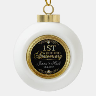 Boule En Céramique Cadres et Coeurs d'or Premier anniversaire Mariage