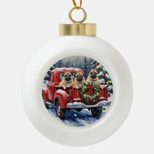Boule En Céramique Camion rouge de Noël Pug Fêtes