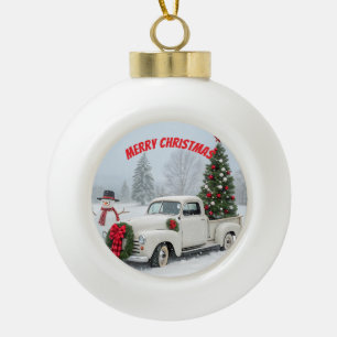 Boule En Céramique Camion vintage avec arbre de Noël et neige