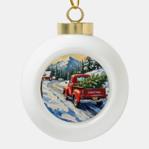 Boule En Céramique Camionnette Rouge Vintage Transportant un Sapin de