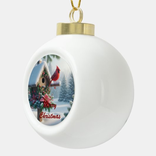 Boule En Céramique Cardinal d'hiver sur une maison d'oiseaux festive (Droite)