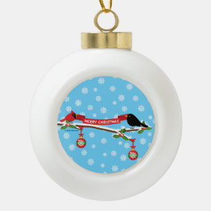 Boule En Céramique Cardinal Et Cardinal En Branche - MERRY XMAS