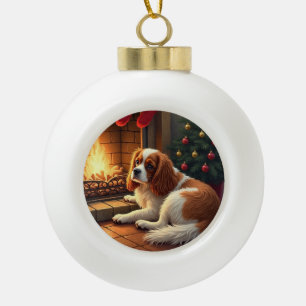 Boule En Céramique Cavalier King Charles au coin du feu de Noël