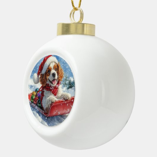 Boule En Céramique Cavalier King Charles Spaniel Chien Sledge Noël (Droite)