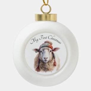 Boule En Céramique Chapeau d'hiver Mouton de Noël Texte personnalisé