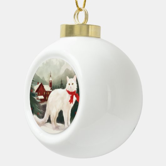 Boule En Céramique Chat Angora turc en Noël de neige (Droite)