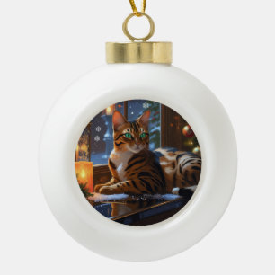 Boule En Céramique Chat Bengal Avec Lumières De Noël Vacances