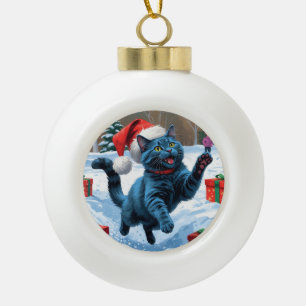 Boule En Céramique Chat Bleu Russe Courant dans la Neige avec un Chap