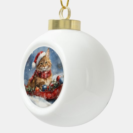 Boule En Céramique Chat de Maine Coon en sledge Laisser neiger Noël (Droite)