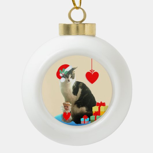 Boule En Céramique Chat de Noël Merlin (Devant)