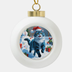 Boule En Céramique Chat Oriental Bleu Assis Dans Un Chapeau De Noël D