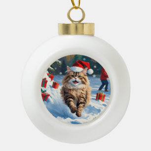 Boule En Céramique Chat Persan Assis dans la Neige avec un Chapeau de
