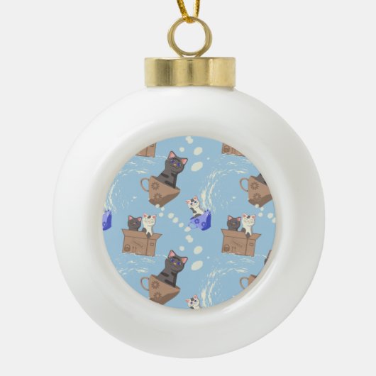 Boule En Céramique Chats en boîte et gouttes de lait sur bleu (Devant)