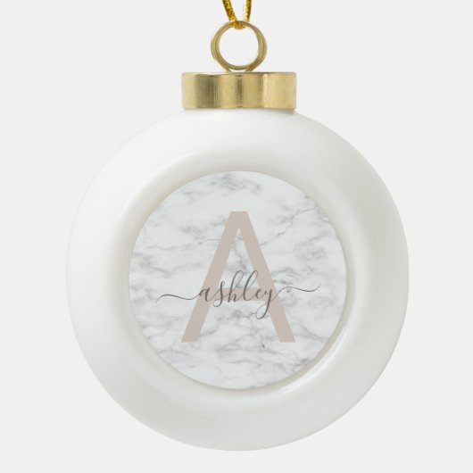 Boule En Céramique Chic Blush Pink White Marble Script Nom monogram (Devant)