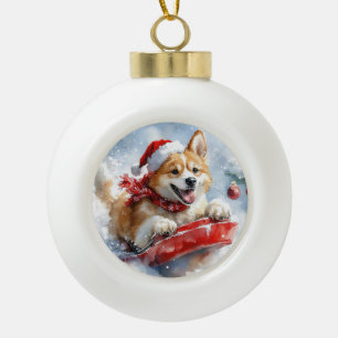 Boule En Céramique Chien Akita en Luge Laissez Tomber la Neige Noël