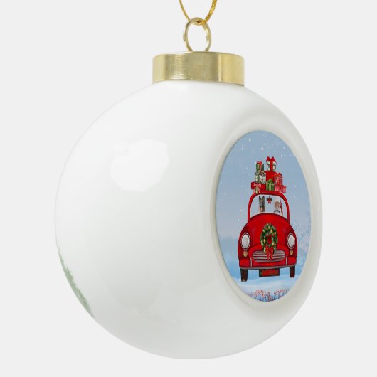 Boule En Céramique Chien berger allemand en voiture avec le Père Noël (Gauche)