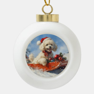 Boule En Céramique Chien Caniche en Luge Laissez Tomber la Neige Noël