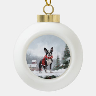 Boule En Céramique Chien de Boston Terrier pendant Noël de neige