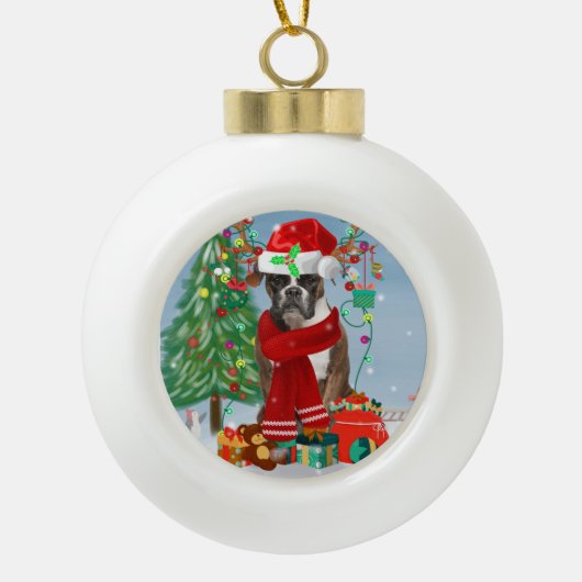 Boule En Céramique Chien de boxe en neige avec cadeaux de Noël (Devant)