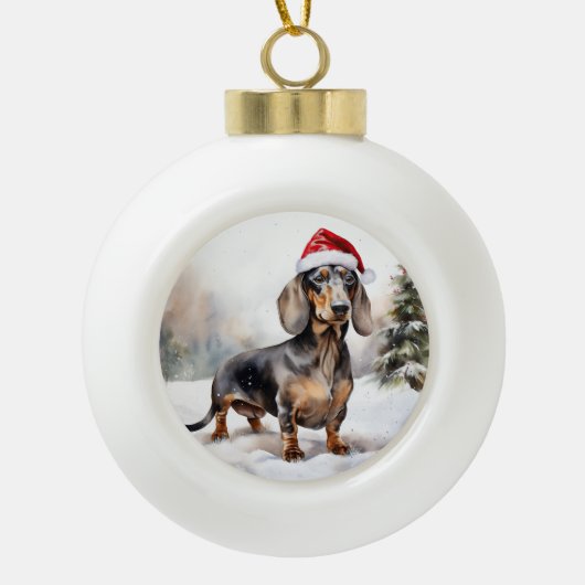 Boule En Céramique Chien de Dachshund à Noël de neige (Devant)
