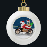 Boule En Céramique Chien de Noël Père Noël<br><div class="desc">Un Père Noël à vélo livrant un arbre de Noël et un Chien à dos de taureau français en cadeau est une idée cadeau de Noël parfaite pour quelqu'un qui aime cette race de chien.</div>