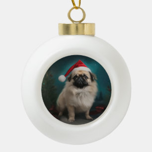 Boule En Céramique Chien pekingese pendant Noël de neige