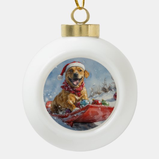 Boule En Céramique Chien Rhodesian Ridgeback dans un traîneau de Noël (Devant)