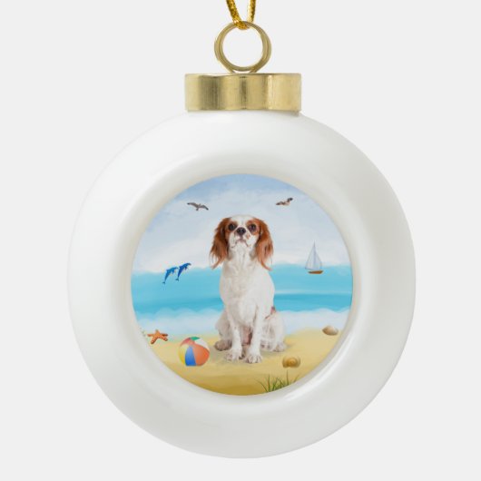 Boule En Céramique Chien roi cavalier sur la plage (Devant)