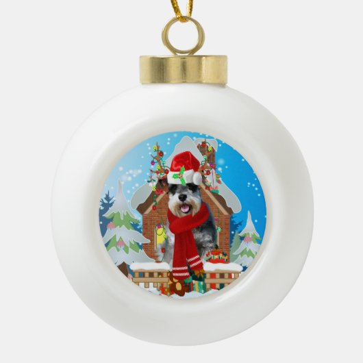Boule En Céramique Chien Schnauzer avec cadeaux de Noël (Devant)