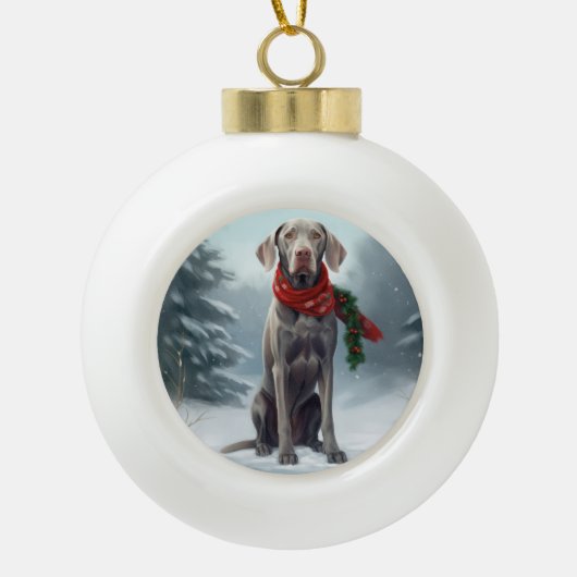 Boule En Céramique Chien Weimaraner à Noël de neige (Devant)