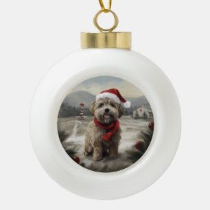 Boule En Céramique Chien Yorkipod en Noël de neige