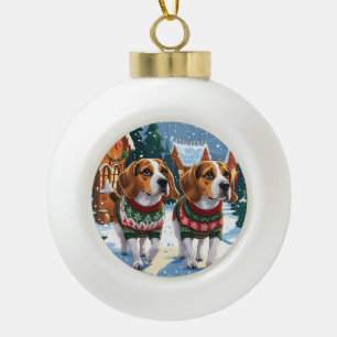 Boule En Céramique Chiens Beagle Noël Neige Fêtes