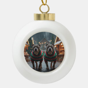 Boule En Céramique Chiens Pitbull Noël Neige Fêtes