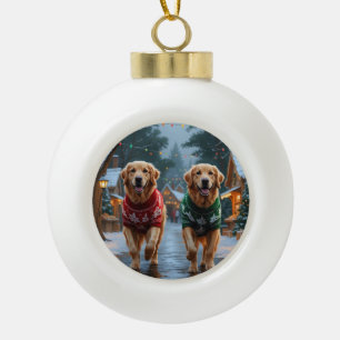 Boule En Céramique Chiens Retriever doré Noël Neige Fêtes