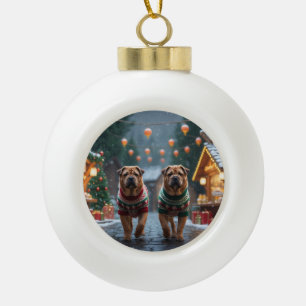 Boule En Céramique Chiens Shar Pei Noël Neige Fêtes