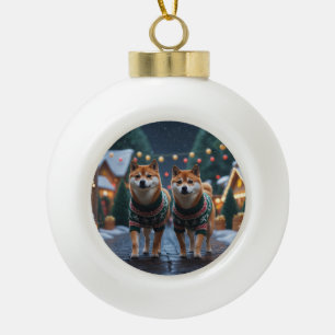 Boule En Céramique Chiens Shiba Inu Noël Neige Fêtes