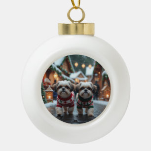Boule En Céramique Chiens Shih Tzu Noël Neige Fêtes