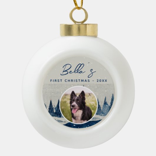 Boule En Céramique Chiot Premier Noël Forêt d'hiver Photo Chien (Devant)