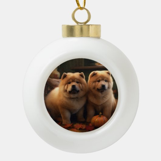 Boule En Céramique Chow Chow Chiot Automne Citrouille de plaisir (Devant)