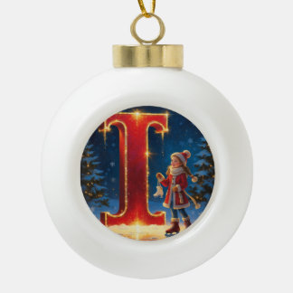 Boule En Céramique Christmas Letter I Ornament | Red Gold Monogram