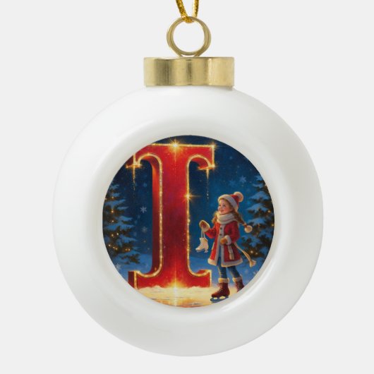 Boule En Céramique Christmas Letter I Ornament | Red Gold Monogram (Devant)