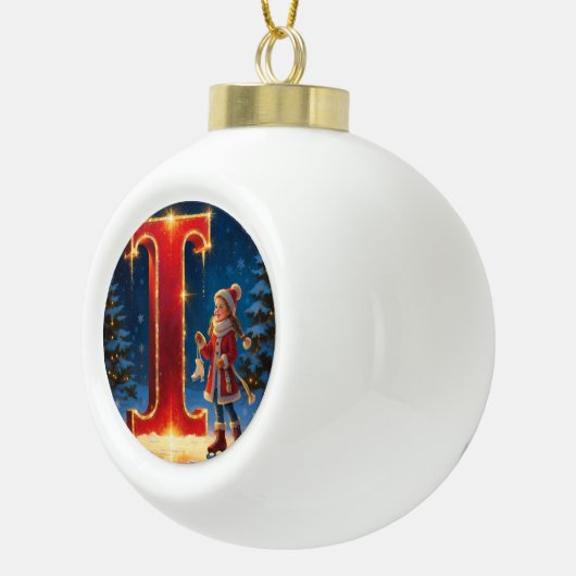 Boule En Céramique Christmas Letter I Ornament | Red Gold Monogram (Droite)