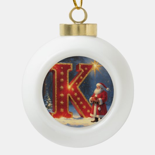 Boule En Céramique Christmas Letter K Ornament | Red Gold Monogram (Devant)