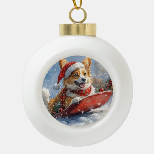 Boule En Céramique Corgi Dog in Sledge laissez passer Noël (Devant)