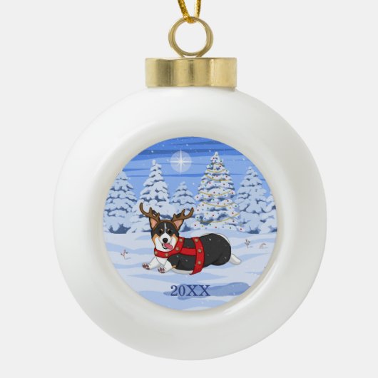 Boule En Céramique Costume de renne de Noël Corgi noir mignon (Devant)