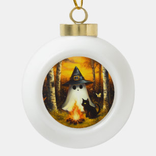 Boule En Céramique Cosy Halloween Ghost & Black Cat Campfire Art